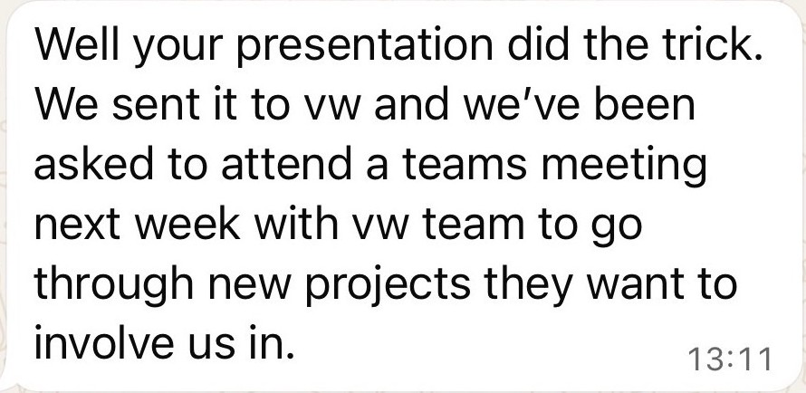 Client WhatsApp — Volkswagen meeting secured after presentation